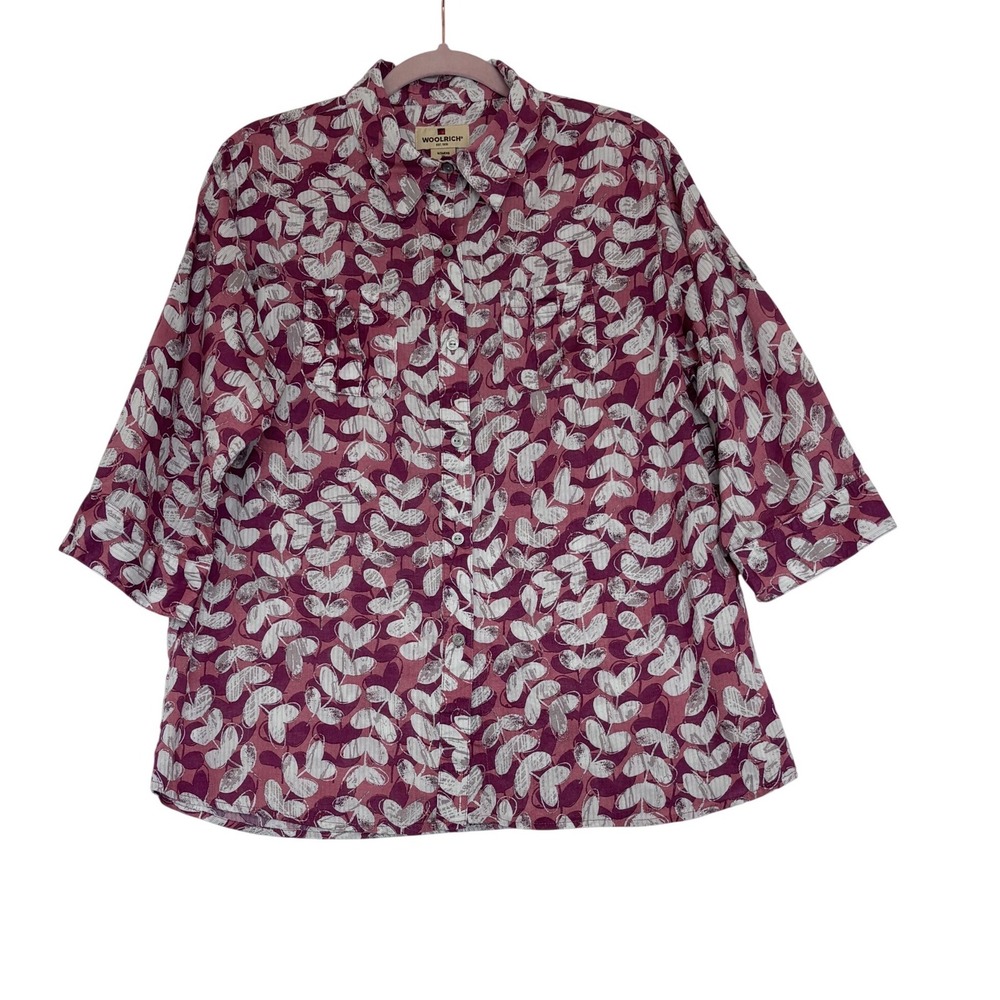 Woolrich Womens XL Mulberry Leaf Print Cotton Button Down 3/4 Sleeve Shirt Chic